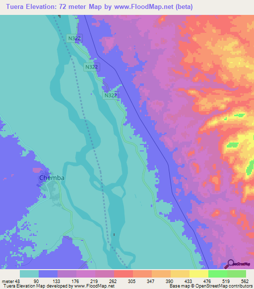 Tuera,Mozambique Elevation Map