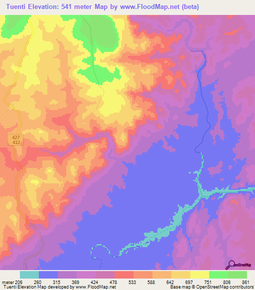 Tuenti,Mozambique Elevation Map