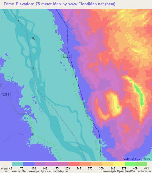 Tomo,Mozambique Elevation Map