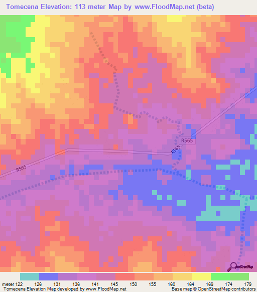 Tomecena,Mozambique Elevation Map
