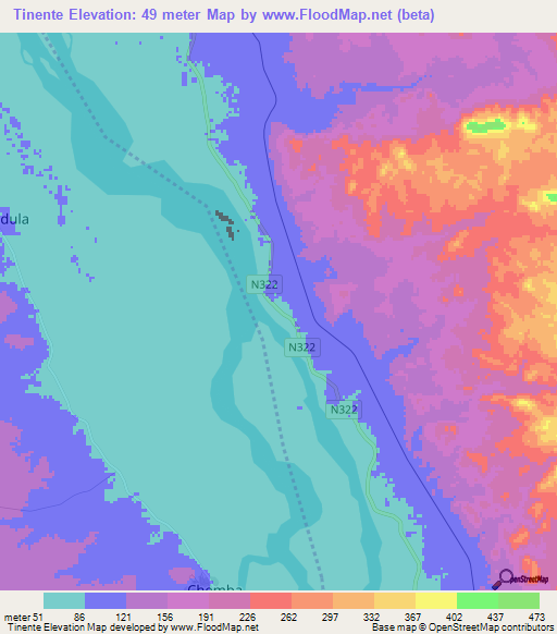 Tinente,Mozambique Elevation Map