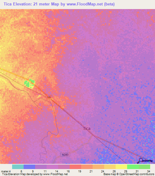 Tica,Mozambique Elevation Map