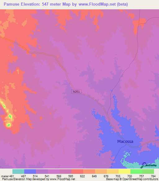 Pamuse,Mozambique Elevation Map