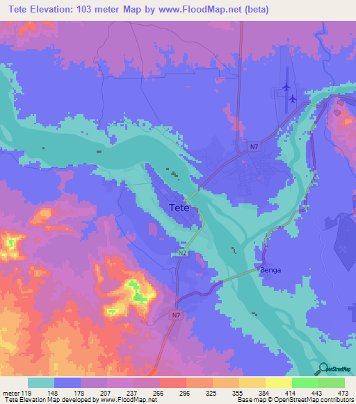 Tete,Mozambique Elevation Map