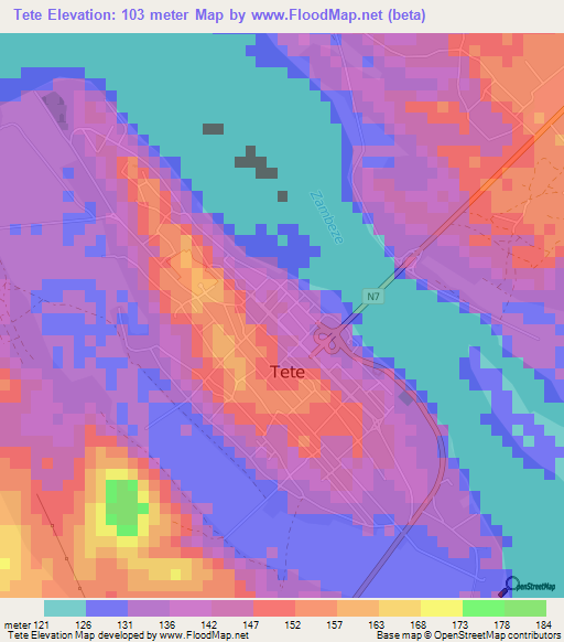 Tete,Mozambique Elevation Map