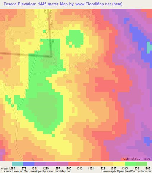 Teseca,Mozambique Elevation Map