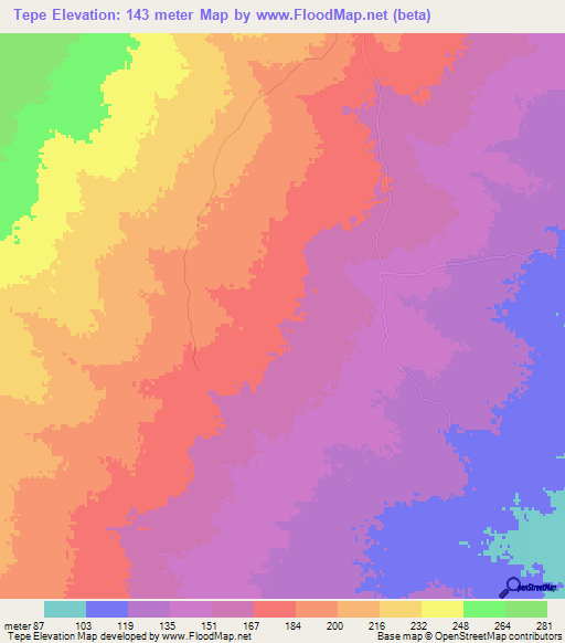 Tepe,Mozambique Elevation Map