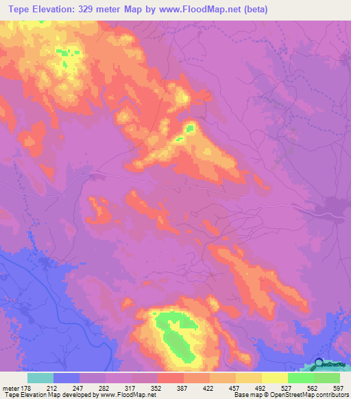 Tepe,Mozambique Elevation Map