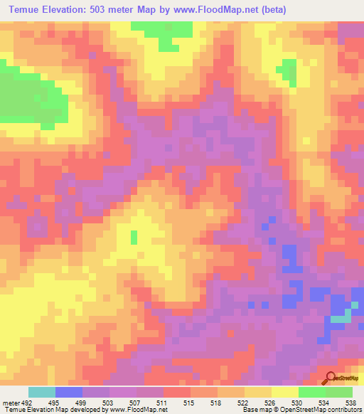 Temue,Mozambique Elevation Map