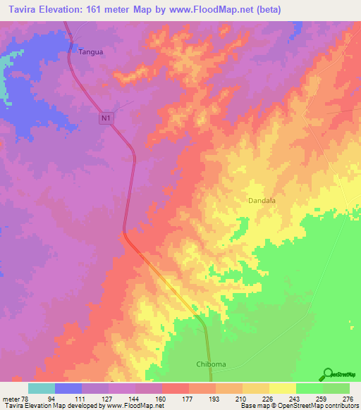 Tavira,Mozambique Elevation Map
