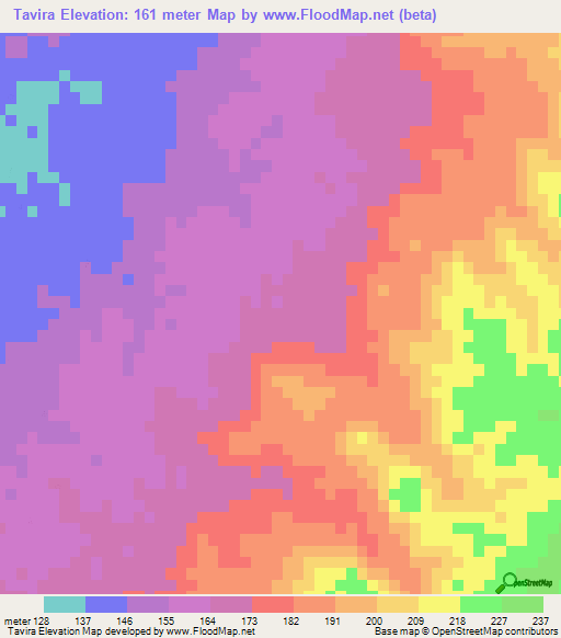 Tavira,Mozambique Elevation Map