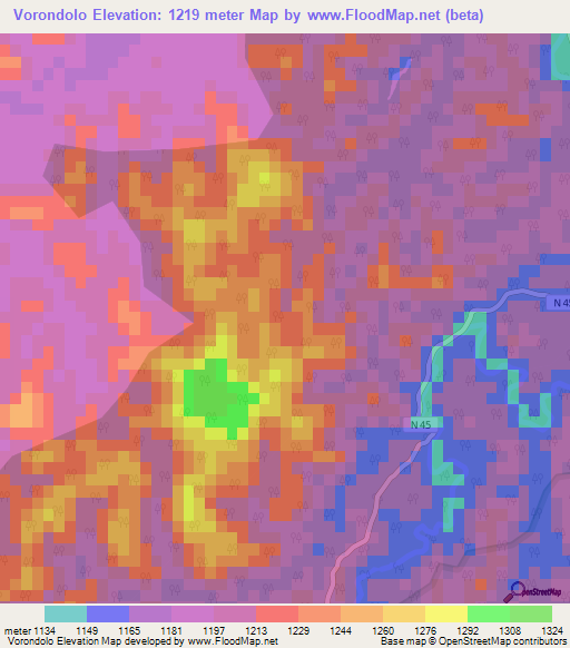 Vorondolo,Madagascar Elevation Map