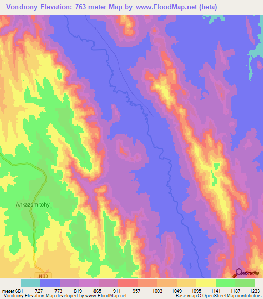 Vondrony,Madagascar Elevation Map