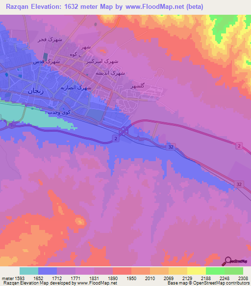 Razqan,Iran Elevation Map