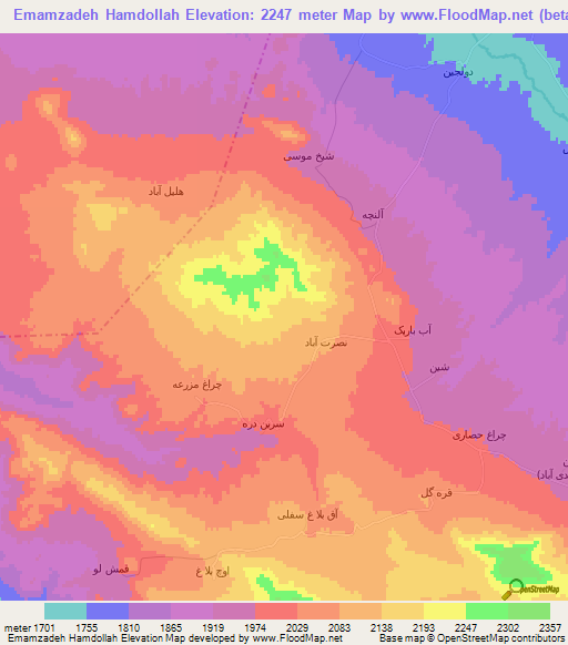 Emamzadeh Hamdollah,Iran Elevation Map