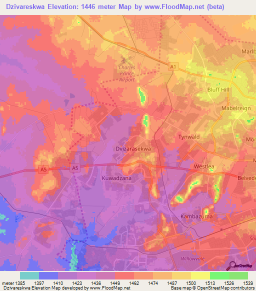 Dzivareskwa,Zimbabwe Elevation Map