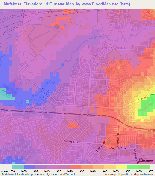 Mufakose,Zimbabwe Elevation Map