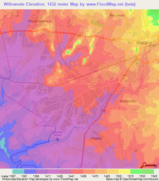 Willowvale,Zimbabwe Elevation Map