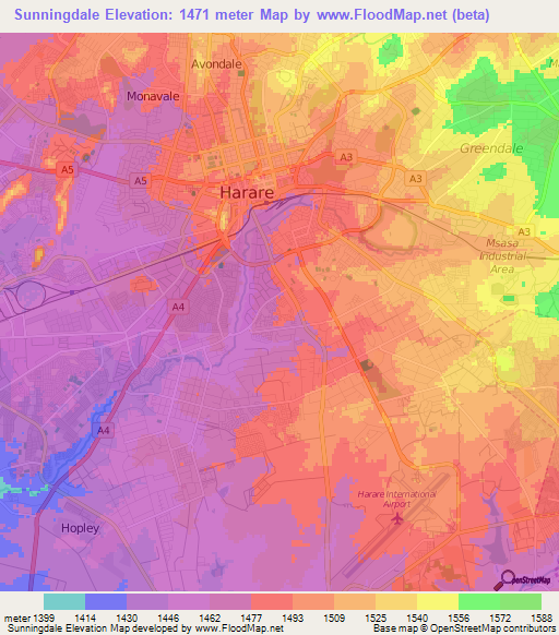 Sunningdale,Zimbabwe Elevation Map