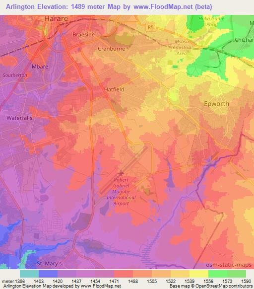 Arlington,Zimbabwe Elevation Map