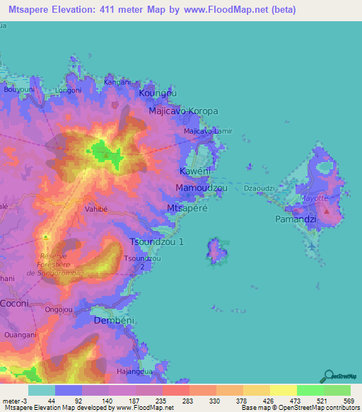 Mtsapere,Mayotte Elevation Map