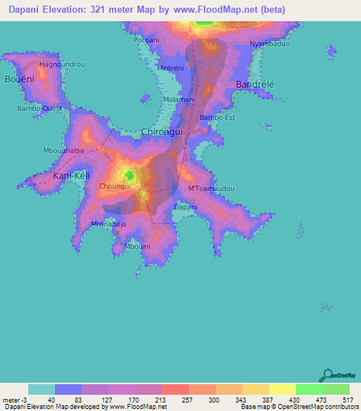 Dapani,Mayotte Elevation Map