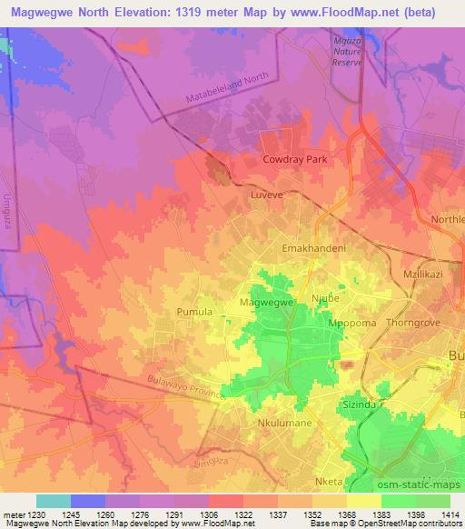 Magwegwe North,Zimbabwe Elevation Map