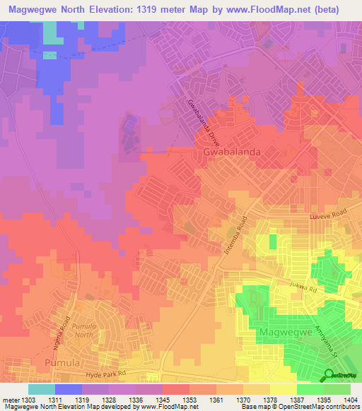 Magwegwe North,Zimbabwe Elevation Map