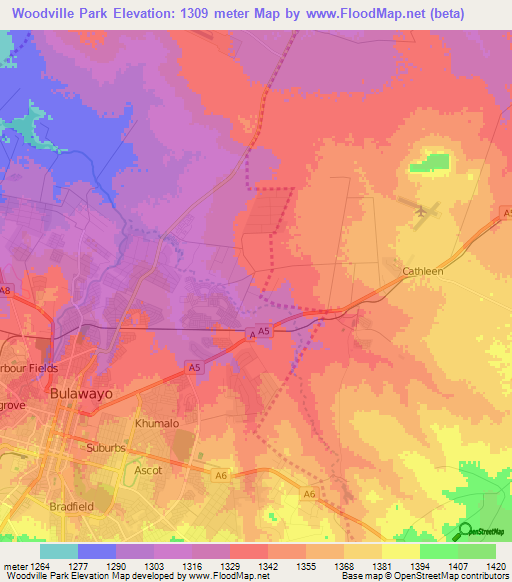 Woodville Park,Zimbabwe Elevation Map