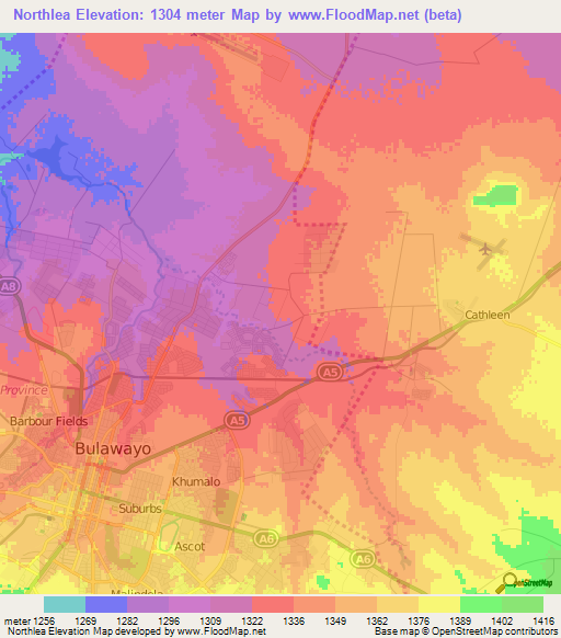 Northlea,Zimbabwe Elevation Map