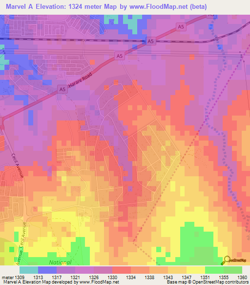 Marvel A,Zimbabwe Elevation Map