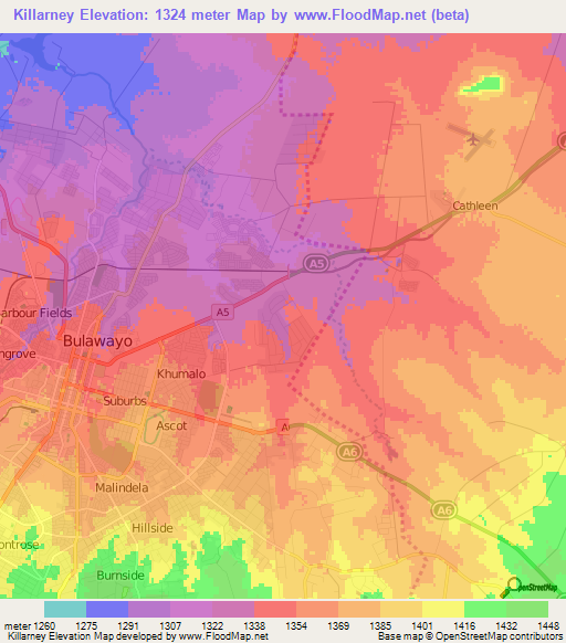 Killarney,Zimbabwe Elevation Map