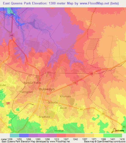 East Queens Park,Zimbabwe Elevation Map
