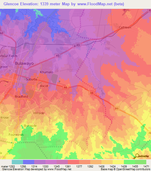 Glencoe,Zimbabwe Elevation Map