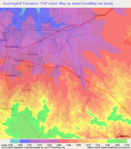 Sunninghill,Zimbabwe Elevation Map