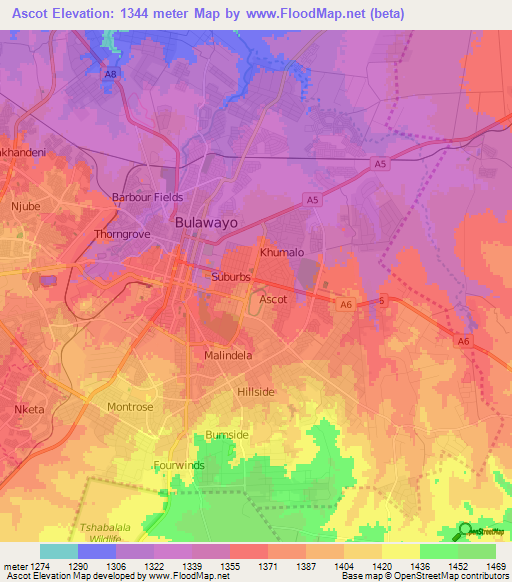 Ascot,Zimbabwe Elevation Map