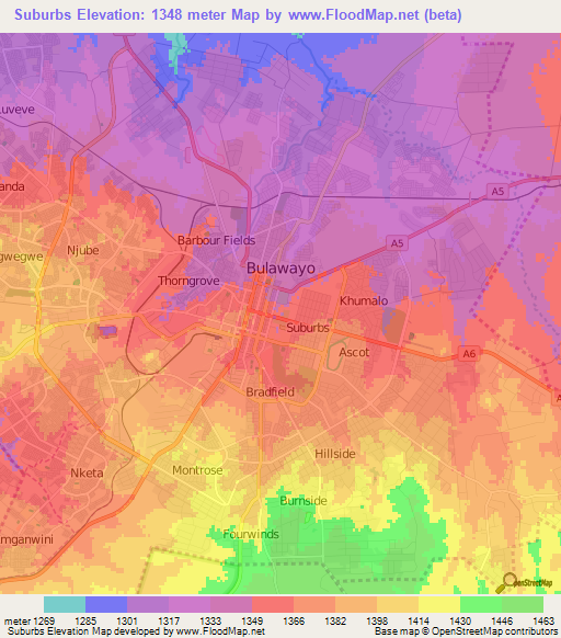 Suburbs,Zimbabwe Elevation Map