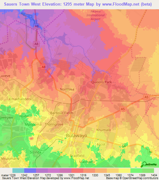 Sauers Town West,Zimbabwe Elevation Map