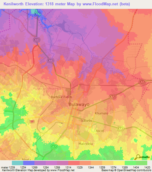 Kenilworth,Zimbabwe Elevation Map