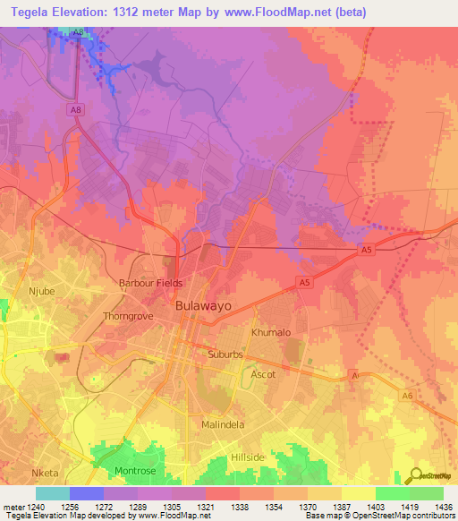Tegela,Zimbabwe Elevation Map