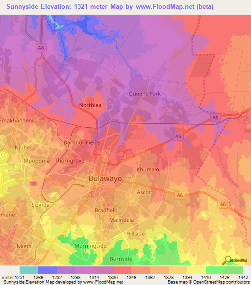 Sunnyside,Zimbabwe Elevation Map