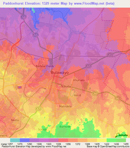 Paddonhurst,Zimbabwe Elevation Map