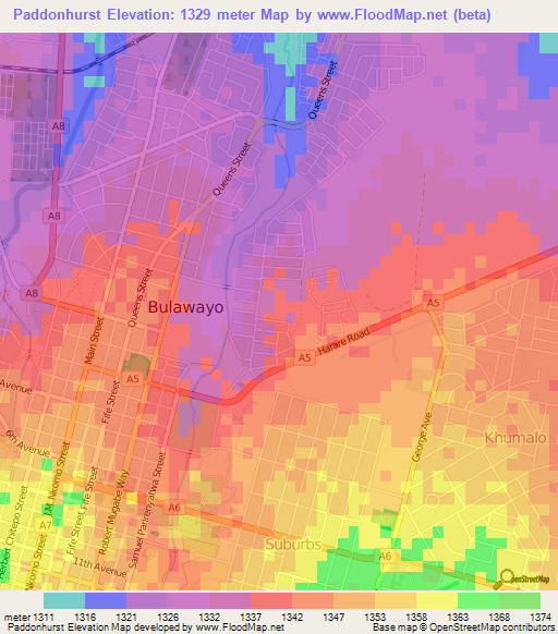 Paddonhurst,Zimbabwe Elevation Map