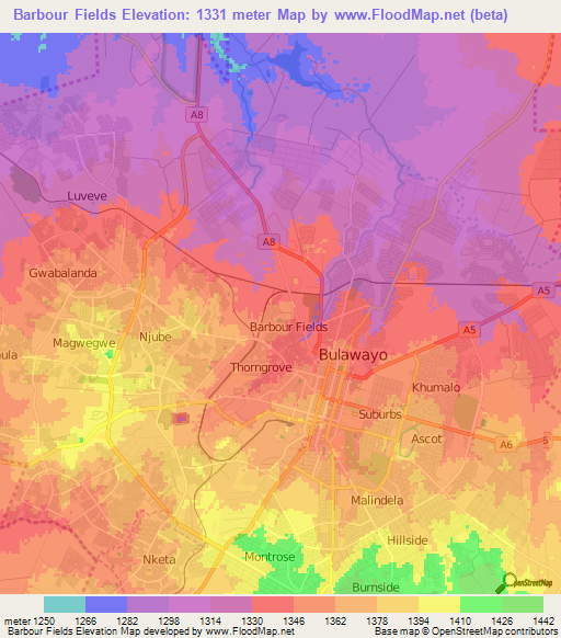 Barbour Fields,Zimbabwe Elevation Map