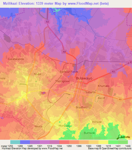Mzilikazi,Zimbabwe Elevation Map