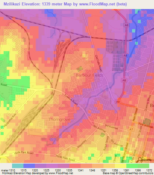 Mzilikazi,Zimbabwe Elevation Map