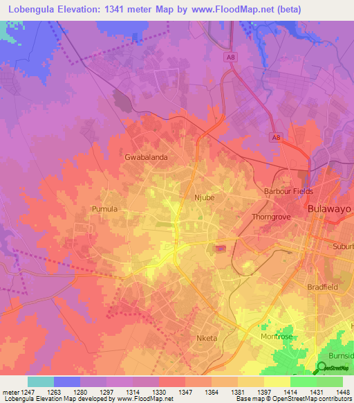 Lobengula,Zimbabwe Elevation Map