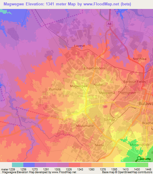 Magwegwe,Zimbabwe Elevation Map