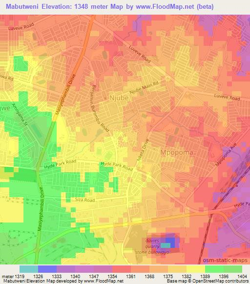 Mabutweni,Zimbabwe Elevation Map