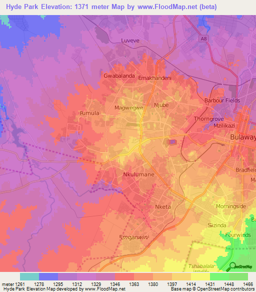 Hyde Park,Zimbabwe Elevation Map